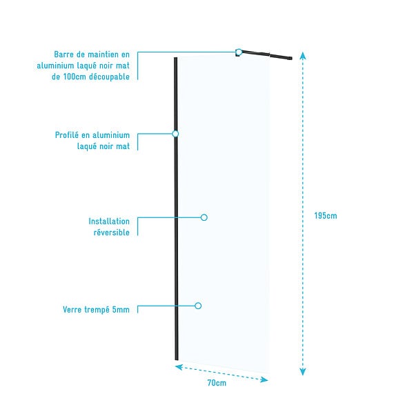 AURLANE - Paroi de Douche 70x195 cm en Verre Trempé 5 mm - Finition Noire - DARK ELEMENTARY - large