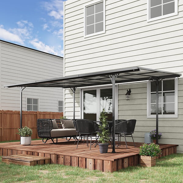OUTSUNNY - Pergola adossable rigide acier alu. toit polycarbonate dim. 5L x 2,99l x 2,23H m gris - large
