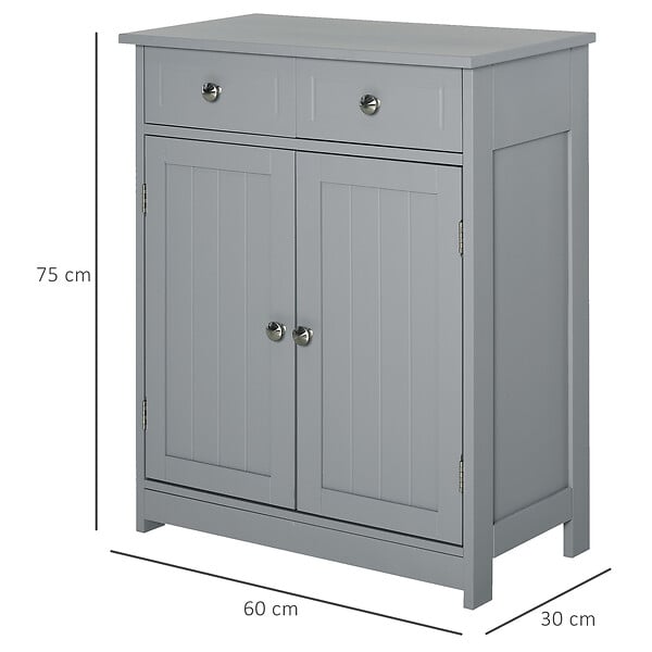 KLEANKIN - Meuble bas de salle de bain sur pied 2 portes avec étagère réglable 2 tiroirs poignées boutons métal MDF gris - large