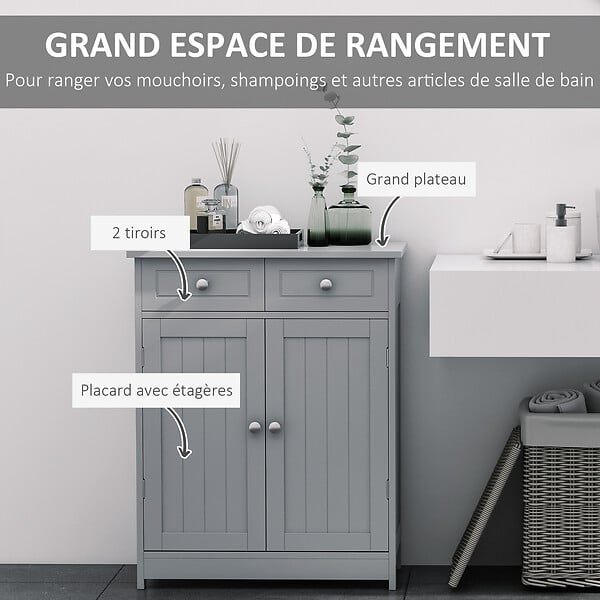 KLEANKIN - Meuble bas de salle de bain sur pied 2 portes avec étagère réglable 2 tiroirs poignées boutons métal MDF gris - large