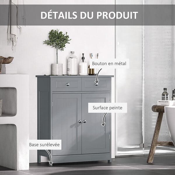 KLEANKIN - Meuble bas de salle de bain sur pied 2 portes avec étagère réglable 2 tiroirs poignées boutons métal MDF gris - large