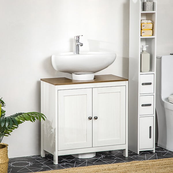 KLEANKIN - Meuble salle de bain - meuble sous-vasque - placard 2 portes avec étagère - panneaux blanc aspect bois noyer - large