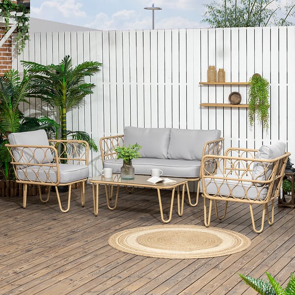 OUTSUNNY - Salon de jardin 4 places 4 pièces style colonial coussins gris inclus résine tressée aspect rotin - large