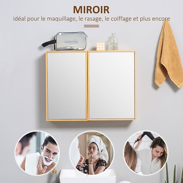 KLEANKIN - Miroir de salle de bain avec placard 2 portes - 2 étagères - bois de bambou verni - large