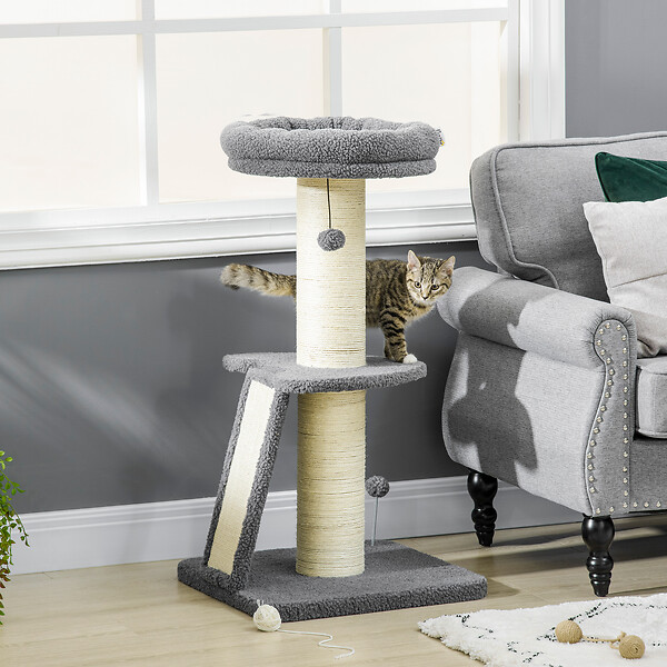 PAWHUT - Arbre à chat 3 griffoirs grattoirs sisal naturel plateforme panier 2 boules suspendues peluche haute densité 220 g/m² gris - large