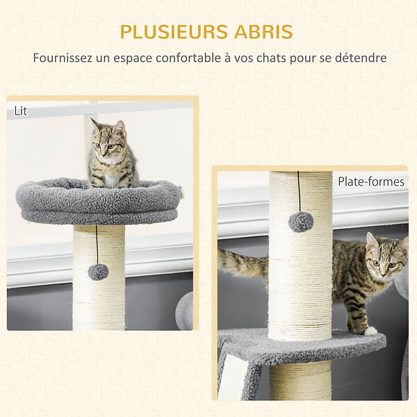 PAWHUT - Arbre à chat 3 griffoirs grattoirs sisal naturel plateforme panier 2 boules suspendues peluche haute densité 220 g/m² gris - large