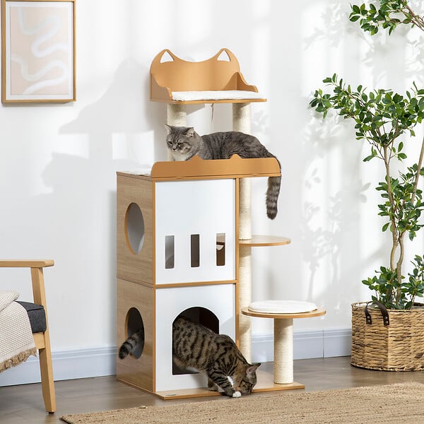 PAWHUT - Arbre à chat design contemporain griffoir sisal naturel 2 niches plateformes jeu boule suspendue MDF blanc aspect hêtre clair - large