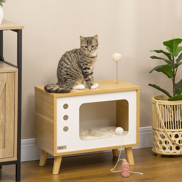 PAWHUT - Maison pour chat design poste de télévision - niche chat panier chat - coussin amovible, boule à ressort - aspect bois clair blanc - large