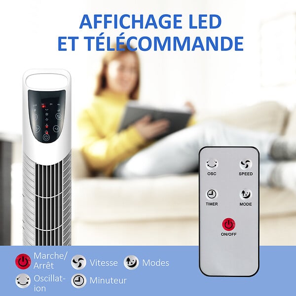HOMCOM - Ventilateur colonne tour oscillant silencieux 40 W télécommande panneau contrôle tactile 3 vitesses Ø 18 x 78H cm blanc - large