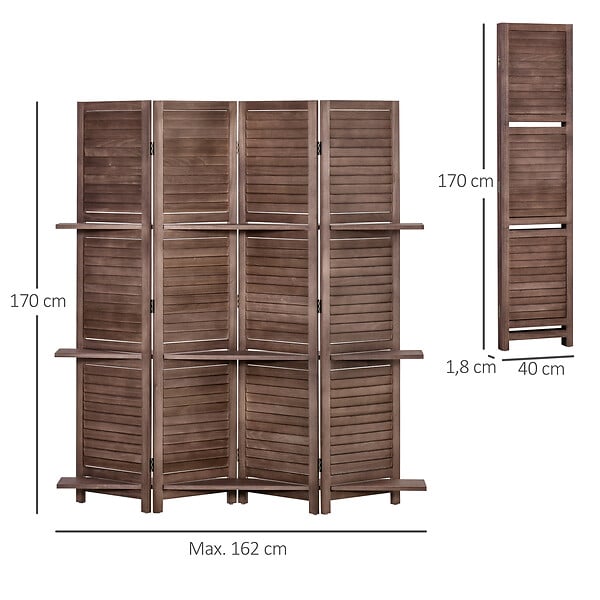 HOMCOM - Paravent intérieur 4 panneaux 3 étagères pliables séparateur de pièce portes persiennes bois de paulownia aspect acajou foncé - large