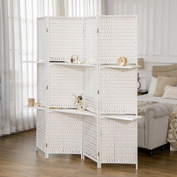 HOMCOM - Paravent intérieur 4 panneaux 2 étagères pliables séparateur de pièce bois de pin bambou fibres de papier tressée blanc paille - large