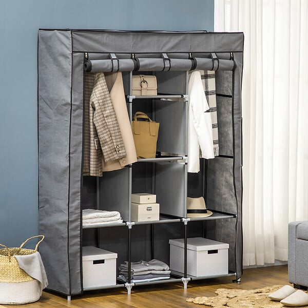 HOMCOM - Armoire penderie multi-rangement - 8 étagères, 2 barres - dim. 125L x 43l x 162,5H cm - acier noir non tissé gris - large