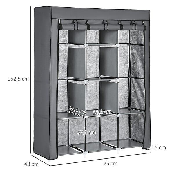 HOMCOM - Armoire penderie multi-rangement - 8 étagères, 2 barres - dim. 125L x 43l x 162,5H cm - acier noir non tissé gris - large