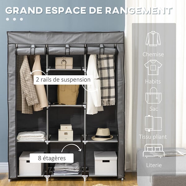 HOMCOM - Armoire penderie multi-rangement - 8 étagères, 2 barres - dim. 125L x 43l x 162,5H cm - acier noir non tissé gris - large