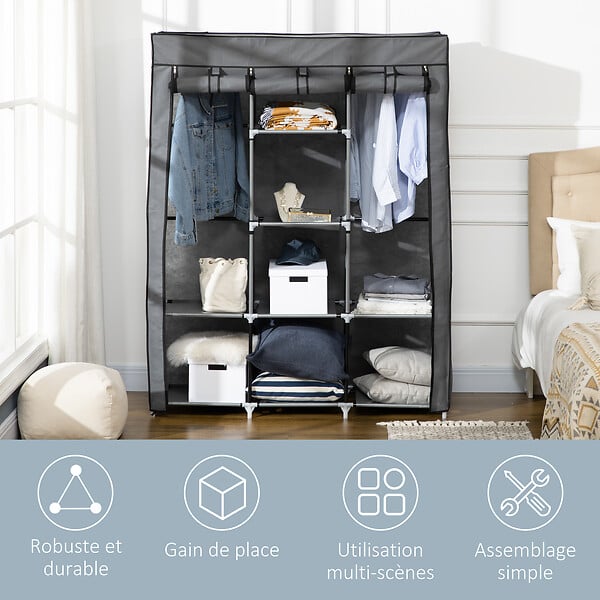 HOMCOM - Armoire penderie multi-rangement - 8 étagères, 2 barres - dim. 125L x 43l x 162,5H cm - acier noir non tissé gris - large