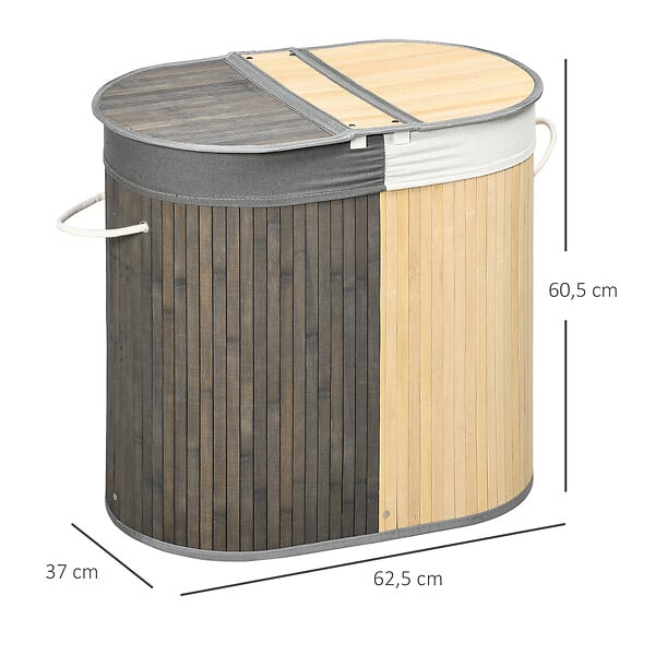 HOMCOM - Panier à linge corbeille à linge bac à linge 100 L 2 compartiments couvercle sac amovible 2 poignées tissu bambou - large