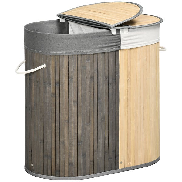 HOMCOM - Panier à linge corbeille à linge bac à linge 100 L 2 compartiments couvercle sac amovible 2 poignées tissu bambou - large