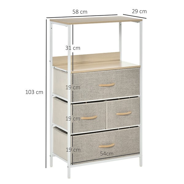 HOMCOM - Commode meuble de rangement chiffonnier 4 tiroirs amovibles 1 étagère 58 x 29 x 103 cm gris blanc - large