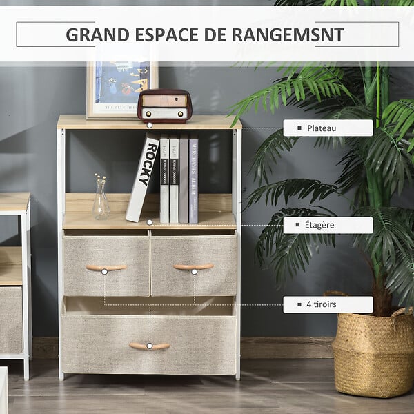 HOMCOM - Commode meuble de rangement chiffonnier 4 tiroirs amovibles 1 étagère 58 x 29 x 103 cm gris blanc - large
