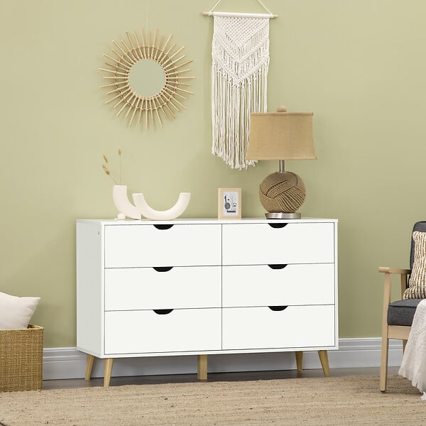 HOMCOM - Commode 6 tiroirs design scandinave piètement effilé incliné bois pin panneaux blanc - large