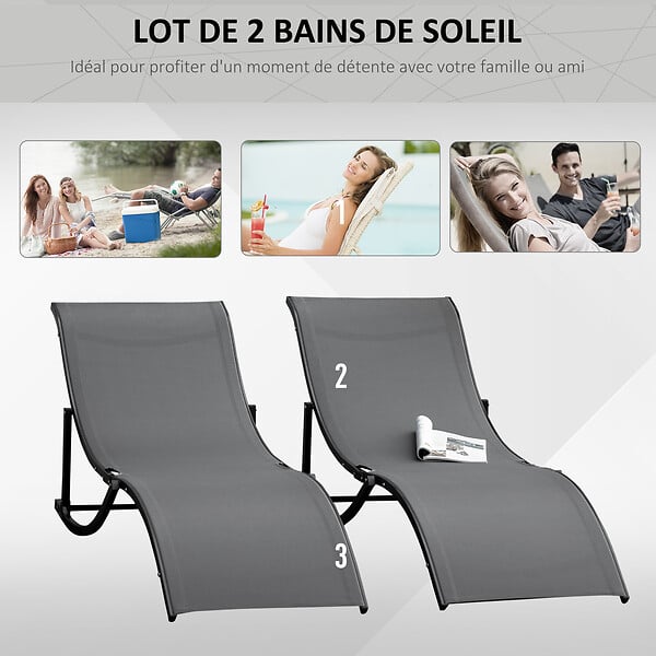 OUTSUNNY - Lot de 2 bains de soleil pliables design contemporain - lot de 2 transats ergonomiques - alu. textilène anthracite - large