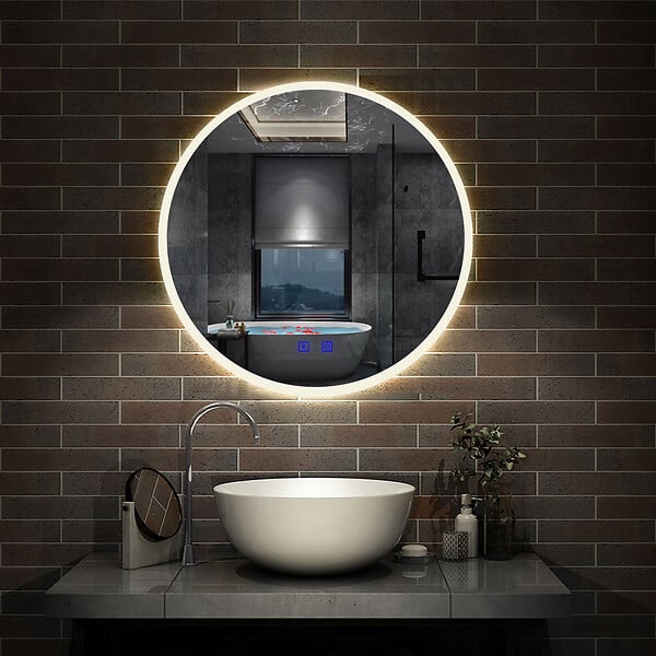 AICA SANITAIRE - Simple Bluetooth LED rond miroir de salle de bain tricolore tactile avec anti-buée 60x60cm - large