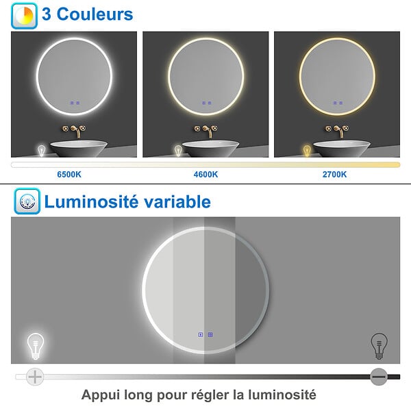 AICA SANITAIRE - Simple Bluetooth LED rond miroir de salle de bain tricolore tactile avec anti-buée 70x70cm - large