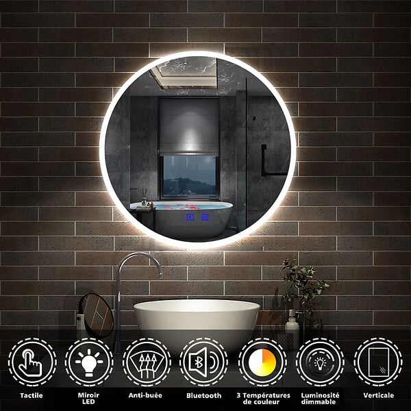 AICA SANITAIRE - Simple Bluetooth LED rond miroir de salle de bain tricolore tactile avec anti-buée 80x80cm - large