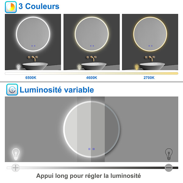 AICA SANITAIRE - Simple Bluetooth LED rond miroir de salle de bain tricolore tactile avec anti-buée 80x80cm - large