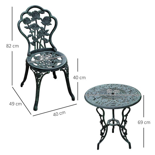 OUTSUNNY - Ensemble salon de jardin 2 places 2 chaises + table ronde style néo-rétro motif rose lignes fuselées fonte d'aluminium vert vieilli - large