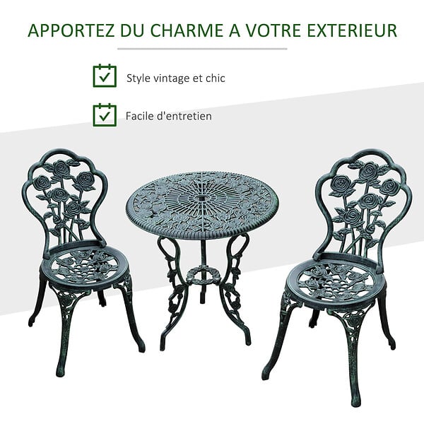 OUTSUNNY - Ensemble salon de jardin 2 places 2 chaises + table ronde style néo-rétro motif rose lignes fuselées fonte d'aluminium vert vieilli - large