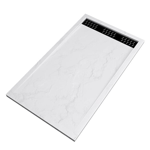 AURLANE - Receveur en acrylique Blanc Effet Pierre 80x140x5 cm + Grilles Linéaires Chrome et Noire - MOON - large