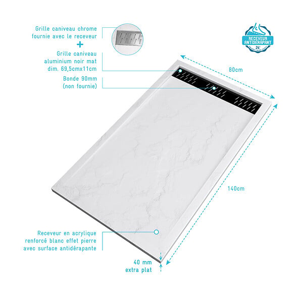 AURLANE - Receveur en acrylique Blanc Effet Pierre 80x140x5 cm + Grilles Linéaires Chrome et Noire - MOON - large