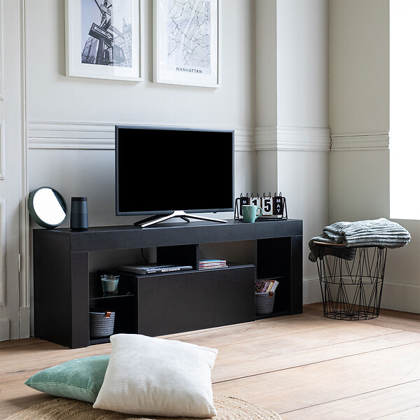 HAPPY GARDEN - Meuble TV 140cm noir à LED DARYL - large