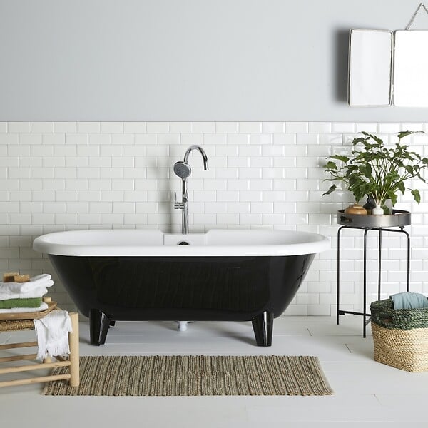 PLANETE BAIN - Baignoire îlot rétro charly noire et blanche avec pieds moderne conique noir - large