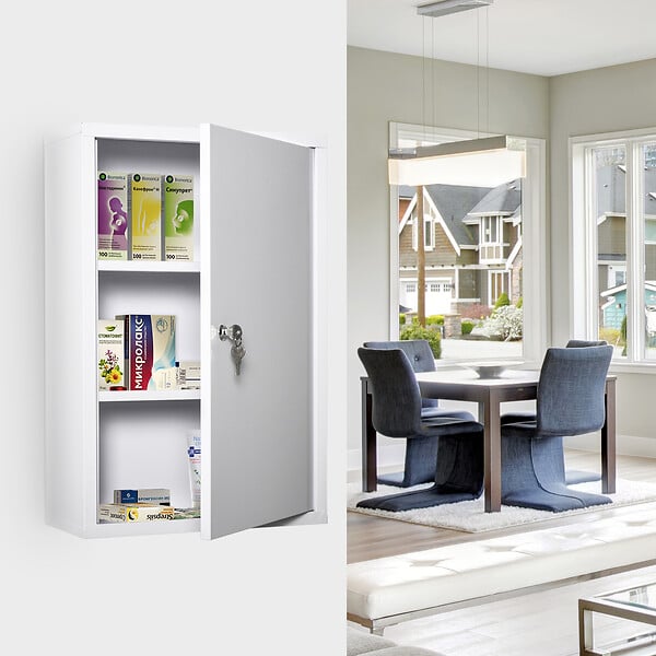 KLEANKIN - Armoire à pharmacie 2 étagères 3 niveaux verrouillable dim. 40L x 18l x 60H cm 2 clés métal blanc - large
