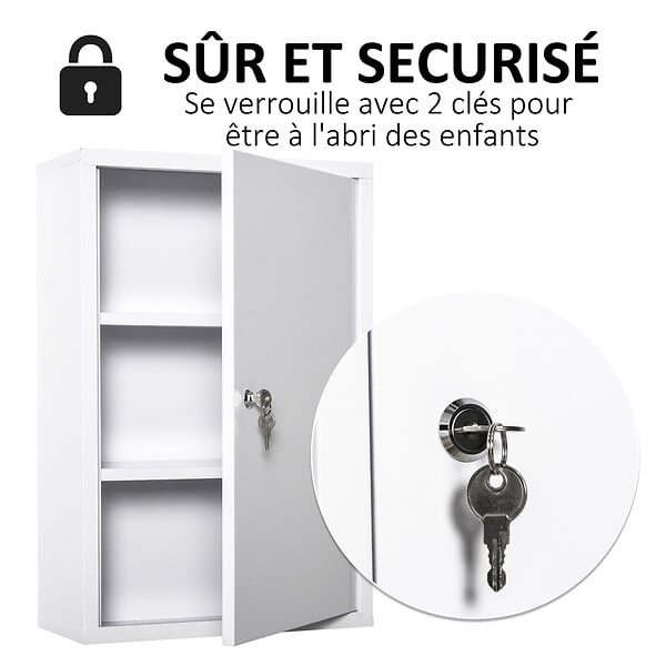 KLEANKIN - Armoire à pharmacie 2 étagères 3 niveaux verrouillable dim. 40L x 18l x 60H cm 2 clés métal blanc - large