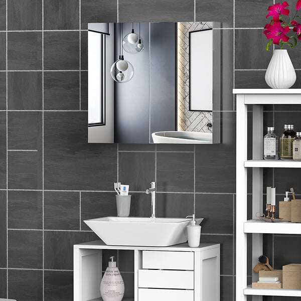 HOMCOM - Armoire miroir rangement toilette salle de bain meuble mural dim. 60L x 12l x 55H cm acier inox. - large