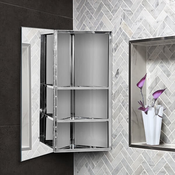 HOMCOM - Armoire miroir salle de bain armoire de toilette murale meuble d'angle 2 étagères dim. 30L x 18,4l x 60H cm acier inox. - large
