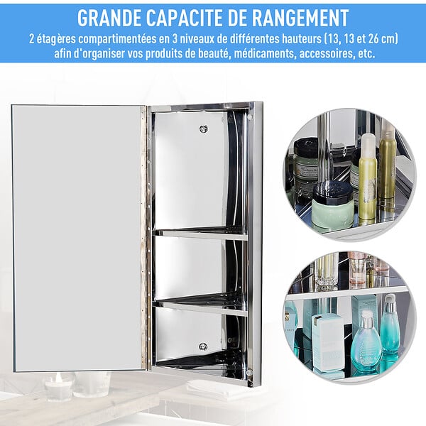 HOMCOM - Armoire miroir salle de bain armoire de toilette murale meuble d'angle 2 étagères dim. 30L x 18,4l x 60H cm acier inox. - large
