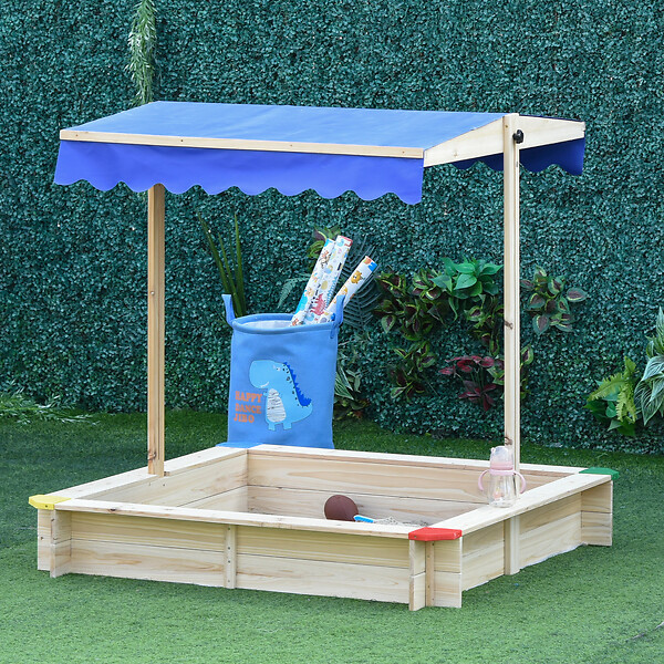 OUTSUNNY - Bac à sable bois carré dim. 1,2L x 1,2l x 1,2H m - hauteur et inclinaison toit réglables - bois naturel de pin - large