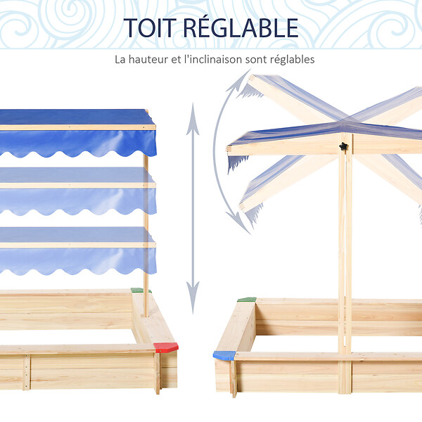 OUTSUNNY - Bac à sable bois carré dim. 1,2L x 1,2l x 1,2H m - hauteur et inclinaison toit réglables - bois naturel de pin - large