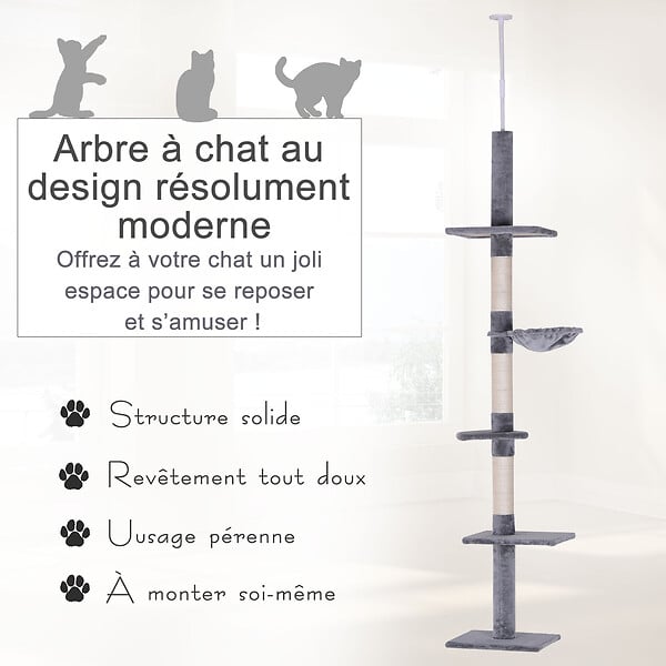 PAWHUT - Arbre à chat poteau à griffer L40 x l 34 x H 230-260 cm 5 niveaux d'activités gris - large