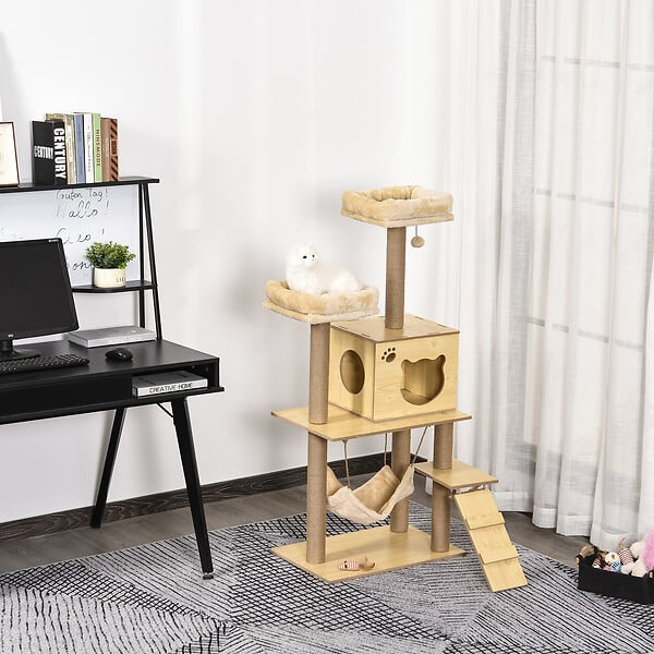 PAWHUT - Arbre à chats design contemporain griffoirs grattoirs sisal naturel niche plate-formes hamac boule panneaux particules beige - large