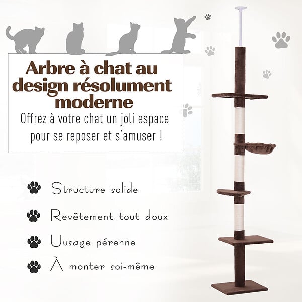 PAWHUT - Arbre à chat poteau à griffer L40 x l 34 x H 230-260 cm 5 niveaux d'activités marron - large