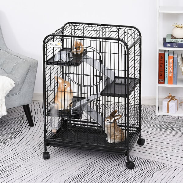 PAWHUT - PawHut Cage pour Petits Animaux Roulante 3 Rampes 3 Plates-formes Plat et Bouteille d'Eau Bac Inférieur Amovible Acier PP Noire - large