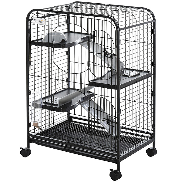 PAWHUT - PawHut Cage pour Petits Animaux Roulante 3 Rampes 3 Plates-formes Plat et Bouteille d'Eau Bac Inférieur Amovible Acier PP Noire - large