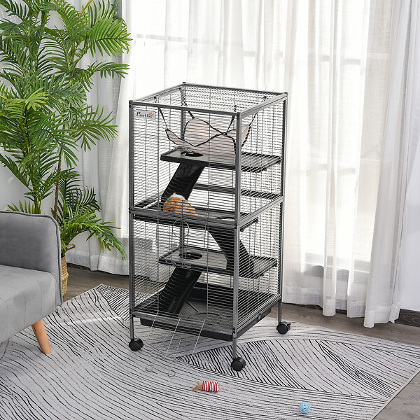 PAWHUT - PawHut Cage pour Petits Animaux Portable avec 2 Portes Hamac Métal PP 52 x 52 x 113,5 cm Gris - large