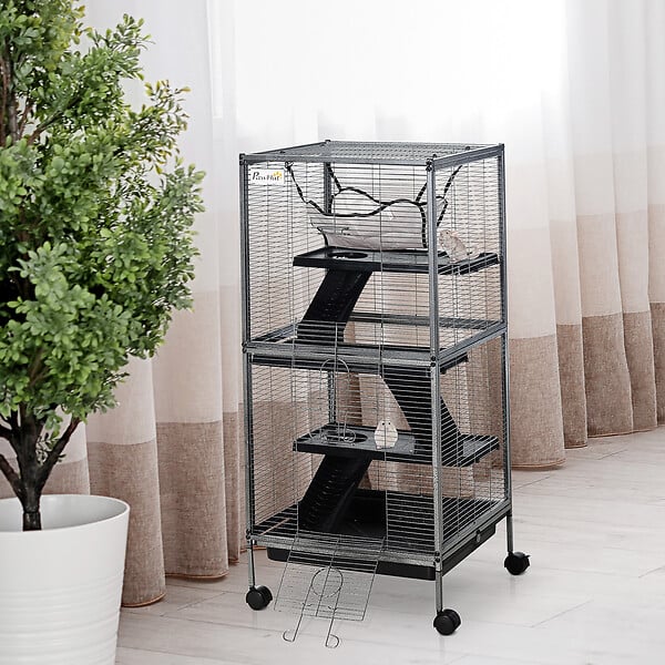 PAWHUT - PawHut Cage pour Petits Animaux Portable avec 2 Portes Hamac Métal PP 52 x 52 x 113,5 cm Gris - large