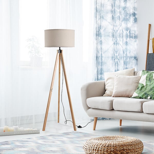 HOMCOM - Lampadaire trépied style scandinave 40 W max. dim. 45L x 45l x 152H cm bois de pin lin beige - large